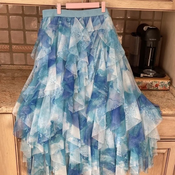 Anthropologie The Cheri Ruffled Tulle Midi Skirt Elastic Waist Lined  Combo Blue - Picture 8 of 9